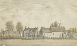 Pipe Ridware kirke og herregård: vannfargemaleri, nd [1762-1798] av Stebbing Shaw