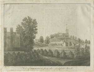 Shenstone Church and Village: akvatintgravering, 1792 av Stebbing Shaw