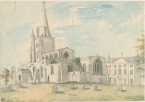 Uttoxeter kirke [gammel]: vannfargemaleri, nd [1794] av Stebbing Shaw