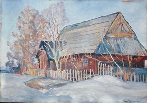Hytte i Podhale (olje på papp) av Stefan Filipowicz