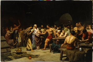 Gladiatorer før de går inn på arenaen. (Gladiatorene før en opptreden på Arena). Romerske patrisiere besøker og vurderer fysikken til gladiatorer før kampen, kvinner smigrer og gratulerer kjemperne. Maleri av Stepan (