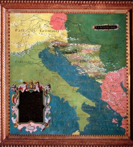 Italia og Jugoslavia (slaviske land) Kart laget av Stefano Bonsignori (? -1589) italiensk kosmograf og maler. Rundt 1581. Firenze, Palazzo Vecchio, Sala del Mappamondo
