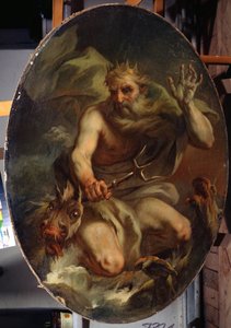 Neptun (Poseidon) med en krone og en trefork representert med sjømonstre (Neptun). Maleri av Stefano Torelli (1712-1784). Olje på lerret