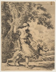 En nymfe som holder en stor hund i halsbåndet, ca. 1654. av Stefano della Bella