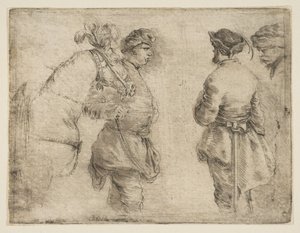 En stang som leder en hest ved hodelaget og snakker med to andre menn, ca. 1662. av Stefano della Bella