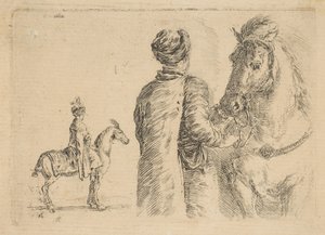 En polsk brudgom, bakfra, holder en hest ved hodelaget, ca. 1662.