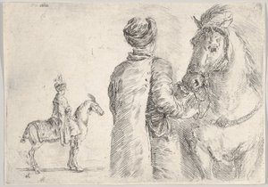En polsk betjent, sett bakfra, holder hodelaget til en hest mot høyre, en polsk hor..., ca. 1662. av Stefano della Bella