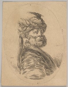 En tyrkisk mann med skjegg og turban med en lang fjær foran, ble trekvart..., 1650.