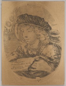 En byste av en ung mann iført en lue med fjær, dreide tre fjerdedeler til venstre, ..., 1650. av Stefano della Bella