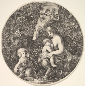 En kvinnelig satyr som ammer et barn til høyre, vendt mot venstre, et satyrbarn..., 1639. av Stefano della Bella