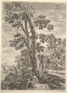 En fisker i midten vendt mot venstre og lent mot et stort tre, en kvinne som går..., ca. 1652-57. av Stefano della Bella