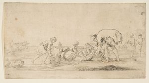 En fisker som henter inn garnene sine, en mann til venstre som skyver en ball til høyre, to seter..., ca. 1662. av Stefano della Bella
