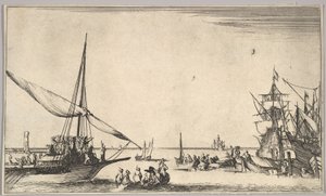 En bysse som ankommer havn til venstre, flere robåter i midten, skip i havn til høyre, fra..., 1639. av Stefano della Bella