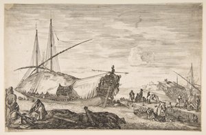 En bysse dekket av seil til venstre, seks kanoner og fire personer til venstre i forgrunnen, en ..., 1655. av Stefano della Bella