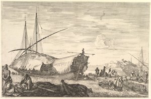 En bysse dekket av seil til venstre, seks kanoner og fire personer til venstre i forgrunnen..., ca. 1652-57. av Stefano della Bella