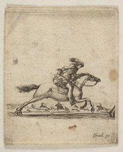 En rytter med sverd i hånd galopperende mot høyre, andre ryttere galopperende..., ca. 1645-46. av Stefano della Bella