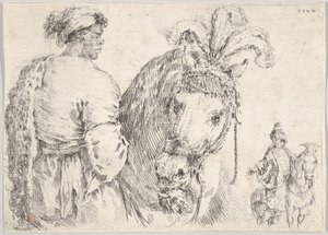 En mann til venstre i profilen gir en håndfull høy til en hest i midten, en rytter til t..., ca. 1662. av Stefano della Bella