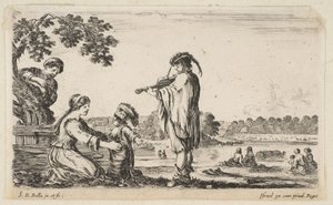 En mann som spiller fiolin i midten, snudd mot venstre i profil, en sittende kvinne til ..., 1649. av Stefano della Bella