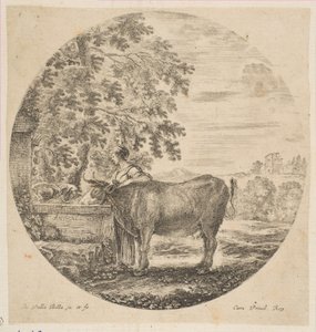 En bondekvinne med en ku ved en fontene dekorert med Medici-armene, fra Six ani..., ca. 1646. av Stefano della Bella