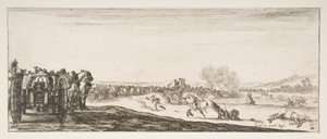 En prosesjon av hestetrukne kanonvogner til venstre, ryttere i kamp og en død ho..., ca. 1641. av Stefano della Bella