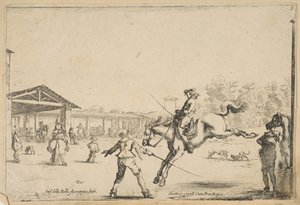 En rideskole, en rytter med sverdhopping regissert av en annen mann med sverd i..., ca. 1645. av Stefano della Bella