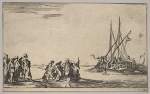 En robåt full av menn i midten, en gruppe menn som står på land til venstre, et skip fullt av ..., 1639. av Stefano della Bella