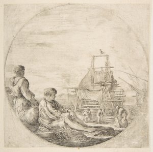 En sittende hvit sjømann og en stående svart sjømann, folk som bygger et skip i bakkant..., ca. 1660. av Stefano della Bella