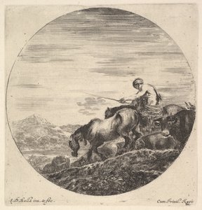 En hyrde til høyre, vendt mot venstre, kjører en gruppe dyr nedoverbakke, en rund komp..., ca. 1643-48. av Stefano della Bella