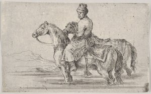 En betjent som tar to hester for å bade, sitter på toppen av en hest i en elv, den andre ved siden av..., ca. 1662. av Stefano della Bella