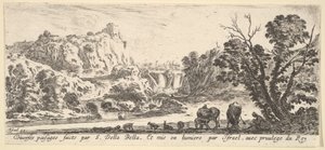 En foss som går ned fra fjellene i midten av bakgrunnen, forskjellige dyr og..., ca. 1641. av Stefano della Bella