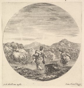 En kvinne som bærer et barn i midten, sett bakfra, en annen kvinne til høyre, ansikt..., ca. 1643-48. av Stefano della Bella