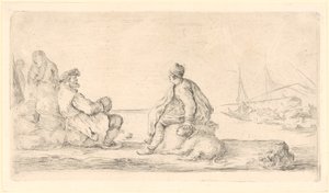 En eldre og en yngre sjømann sitter ved strandkanten av Stefano della Bella