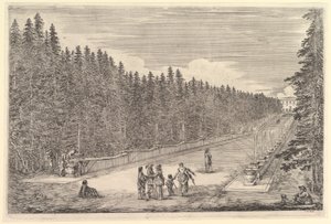 En allé med fontener, en gruppe mennesker, fra «Utsikter over villaen i Pratolino» av Stefano della Bella