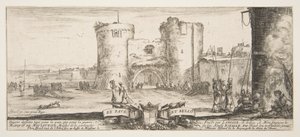 En inngang til en festning i sentrum, en kvinne med barn ved bål til høyre, sol..., ca. 1641. av Stefano della Bella