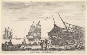 En annen utsikt over Amsterdam Autre vue dAmsterdam, en gruppe på fire menn står i sentrum på ..., 1647. av Stefano della Bella