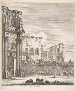 Konstantinbuen og Colosseum med sauer som beiter i forgrunnen, fra seks store utsikter..., 1656. av Stefano della Bella