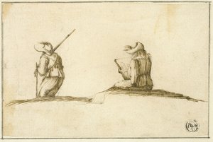 Kunstnerskisse og soldat, begge sett bakfra av Stefano della Bella