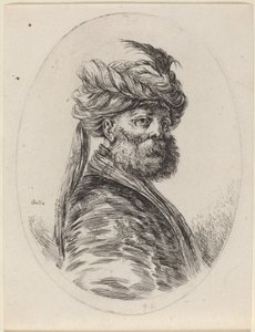 Skjeggmyr i en fjærkledd turban med slør, vendt mot høyre, 16491650. av Stefano della Bella