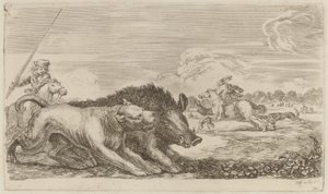 Villsvin jaget av en hund. av Stefano della Bella
