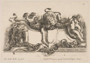 Kartusj som inneholder et tomt skjold overbygd av en løve og innrammet av en løve og et barn, 1646. av Stefano della Bella