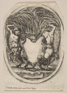 Cartouche dannet av et tigerskinn flankert av to kentaurer, 1647. av Stefano della Bella