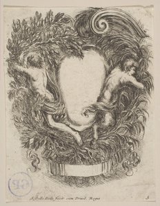 Kartusj innrammet av Apollo og Pan, 1647. av Stefano della Bella
