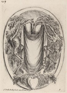 Kartusj i form av et drapere hengt opp fra en sypress flankert av skjeletter, 1647. av Stefano della Bella