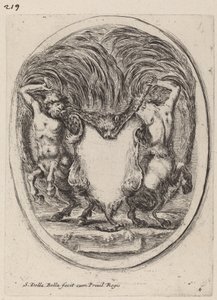 Cartouche i form av en flået tiger støttet av kentaurer, 1647. av Stefano della Bella