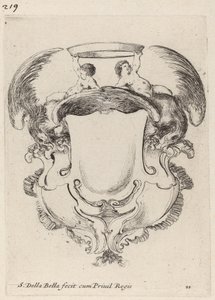 Kartusj med ørner og to spedbarn som holder en krone, 1647. av Stefano della Bella