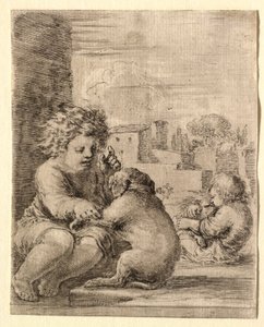 Barn lærer en hund å sitte på bakbeina av Stefano della Bella