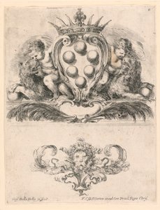 Coat of Arms of the Grand Duke of Toscana: Ornament with a Lion Mask, nr. 6 fra "Samling av diverse capriccii et ni oppfinnelser av mapper og ornamenter" av Stefano della Bella