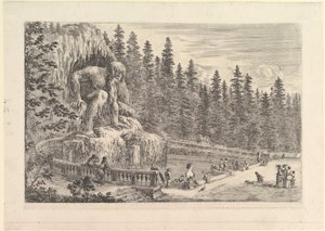 Kolossal statue av Appenino av Giambologna til venstre, representert som en gigantisk crouchi..., ca. 1653. av Stefano della Bella