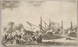 Kamp mellom flere robåter og skip, to grupper menn i robåter som kjemper til venstre..., 1639. av Stefano della Bella