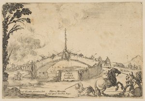 Kamp på en bro, en rytter og to fotsoldater kjemper med sverd nederst til høyre..., ca. 1645. av Stefano della Bella